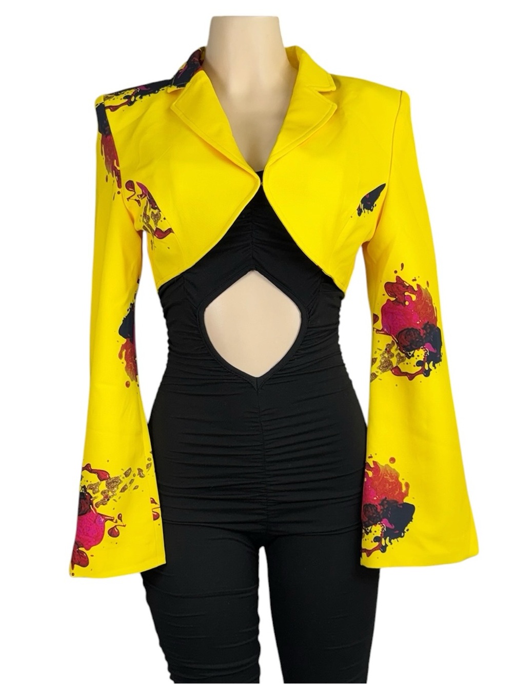 Yellow Floral Print Cropped Blazer